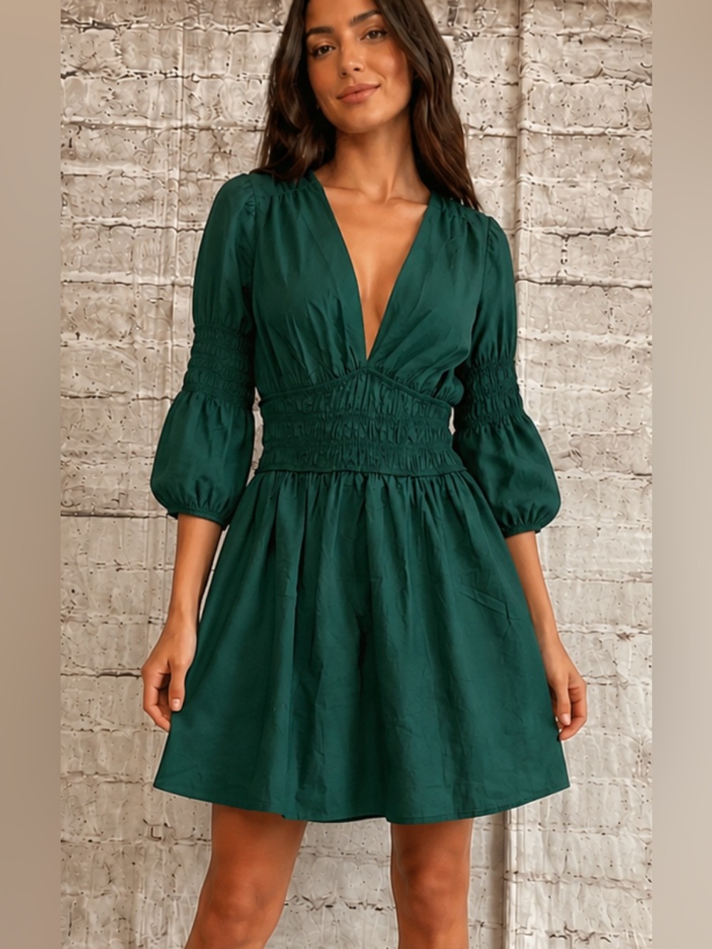 NWT DOSE deep emerald green. 3/4 sleeve smocked detailing mini dress size L.